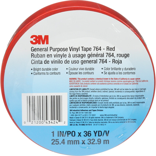 Ruban en vinyle pour travaux g&eacute;n&eacute;raux 764, 25,4 mm (1") la x 32,9 m (108') lo, 5 mils, Rouge M & M Nord Ouest Inc