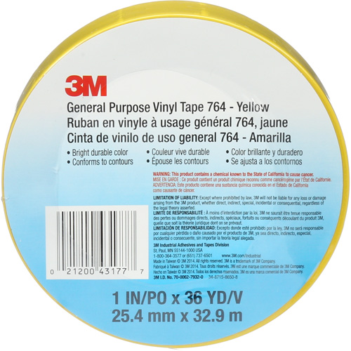 Ruban en vinyle pour travaux g&eacute;n&eacute;raux 764, 25,4 mm (1") la x 32,9 m (108') lo, 5 mils, Jaune M & M Nord Ouest Inc
