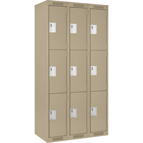 Clean Line Lockers, 3 -tier, Bank of 3, 36" x 18" x 72", Steel, Beige, Rivet (Assembled) M & M Nord Ouest Inc