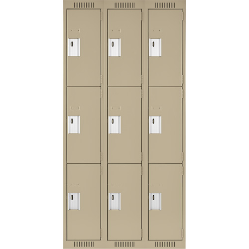 Clean Line Lockers, 3 -tier, Bank of 3, 36" x 18" x 72", Steel, Beige, Rivet (Assembled) M & M Nord Ouest Inc