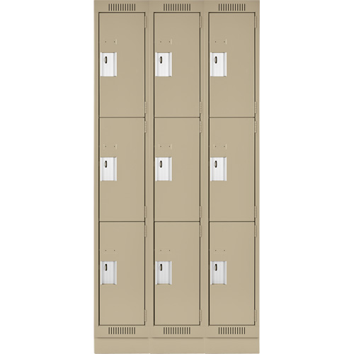 Clean Line Lockers, 3 -tier, Bank of 3, 36" x 18" x 76", Steel, Beige, Rivet (Assembled) M & M Nord Ouest Inc