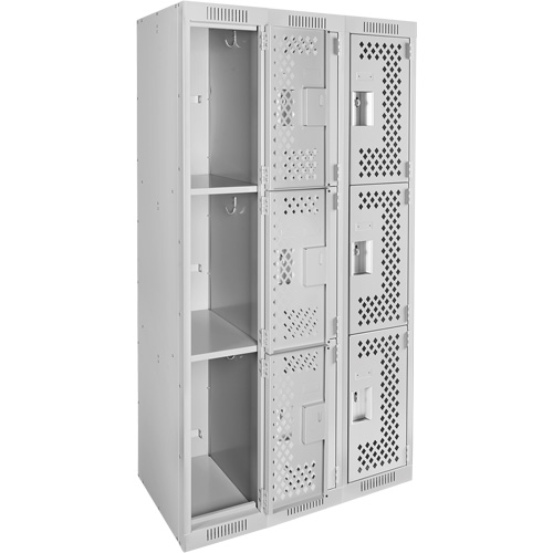 Clean Line Lockers, 3 -tier, Bank of 3, 36" x 12" x 72", Steel, Grey, Rivet (Assembled), Perforated M & M Nord Ouest Inc