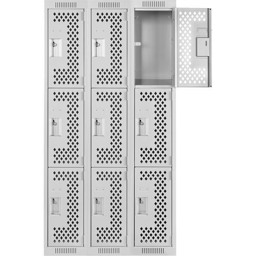 Clean Line Lockers, 3 -tier, Bank of 3, 36" x 12" x 72", Steel, Grey, Rivet (Assembled), Perforated M & M Nord Ouest Inc