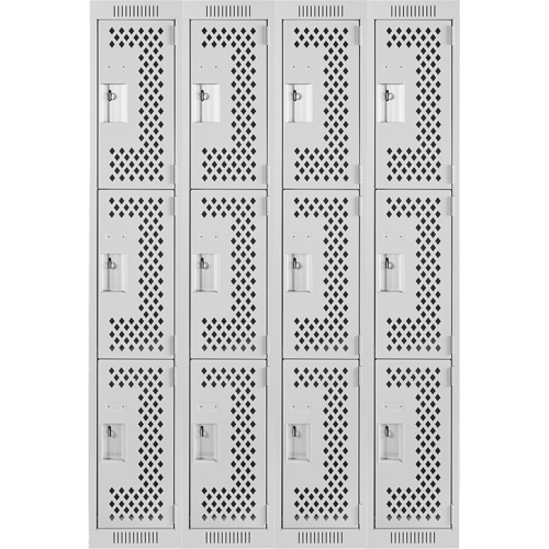 Clean Line Lockers, 3 -tier, Bank of 4, 48" x 12" x 72", Steel, Grey, Rivet (Assembled), Perforated M & M Nord Ouest Inc
