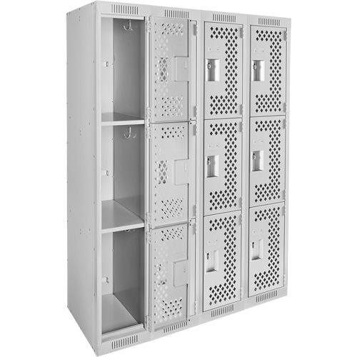 Clean Line Lockers, 3 -tier, Bank of 4, 48" x 12" x 72", Steel, Grey, Rivet (Assembled), Perforated M & M Nord Ouest Inc