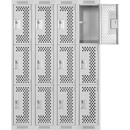 Clean Line Lockers, 3 -tier, Bank of 4, 48" x 12" x 72", Steel, Grey, Rivet (Assembled), Perforated M & M Nord Ouest Inc