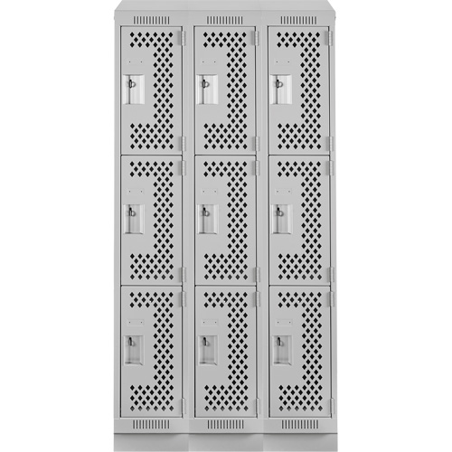 Clean Line Lockers, 3 -tier, Bank of 3, 36" x 12" x 82", Steel, Grey, Rivet (Assembled), Perforated M & M Nord Ouest Inc
