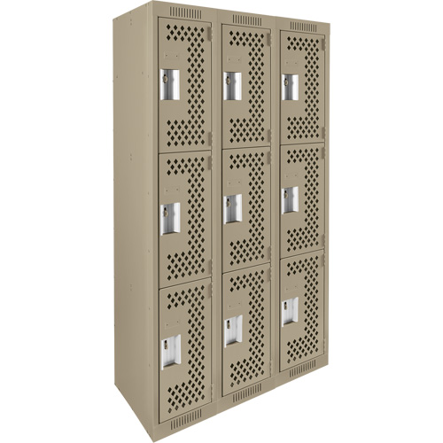 Clean Line Lockers, 3 -tier, Bank of 3, 36" x 12" x 72", Steel, Beige, Rivet (Assembled), Perforated M & M Nord Ouest Inc