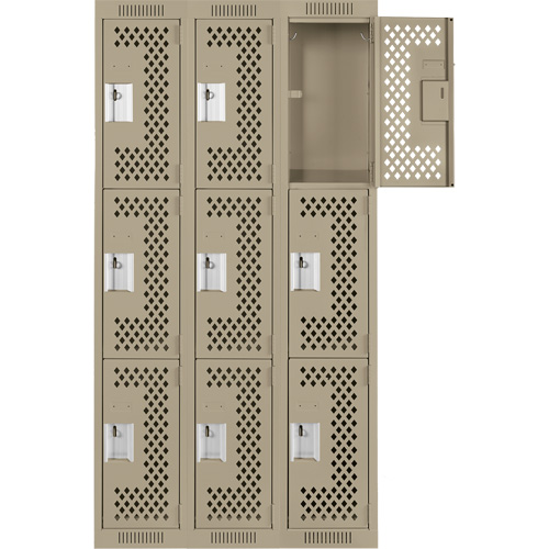 Clean Line Lockers, 3 -tier, Bank of 3, 36" x 12" x 72", Steel, Beige, Rivet (Assembled), Perforated M & M Nord Ouest Inc