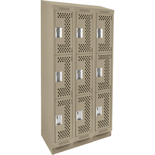 Clean Line Lockers, 3 -tier, Bank of 3, 36" x 12" x 82", Steel, Beige, Rivet (Assembled), Perforated M & M Nord Ouest Inc