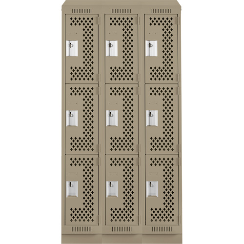 Clean Line Lockers, 3 -tier, Bank of 3, 36" x 12" x 82", Steel, Beige, Rivet (Assembled), Perforated M & M Nord Ouest Inc