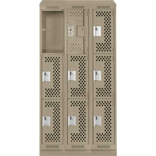 Clean Line Lockers, 3 -tier, Bank of 3, 36" x 12" x 82", Steel, Beige, Rivet (Assembled), Perforated M & M Nord Ouest Inc