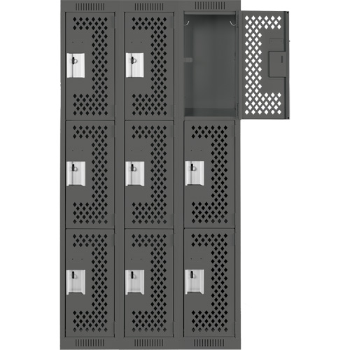 Clean Line Lockers, 3 -tier, Bank of 3, 36" x 12" x 72", Steel, Charcoal, Rivet (Assembled), Perforated M & M Nord Ouest Inc