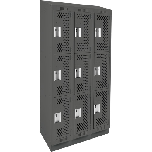 Clean Line Lockers, 3 -tier, Bank of 3, 36" x 12" x 82", Steel, Charcoal, Rivet (Assembled), Perforated M & M Nord Ouest Inc