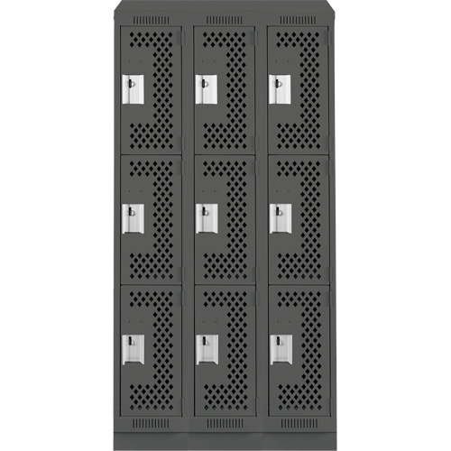 Clean Line Lockers, 3 -tier, Bank of 3, 36" x 12" x 82", Steel, Charcoal, Rivet (Assembled), Perforated M & M Nord Ouest Inc