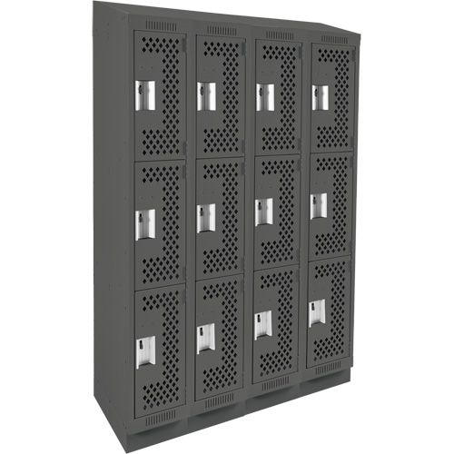 Clean Line Lockers, 3 -tier, Bank of 4, 48" x 12" x 82", Steel, Charcoal, Rivet (Assembled), Perforated M & M Nord Ouest Inc