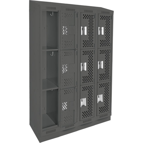 Clean Line Lockers, 3 -tier, Bank of 4, 48" x 12" x 82", Steel, Charcoal, Rivet (Assembled), Perforated M & M Nord Ouest Inc