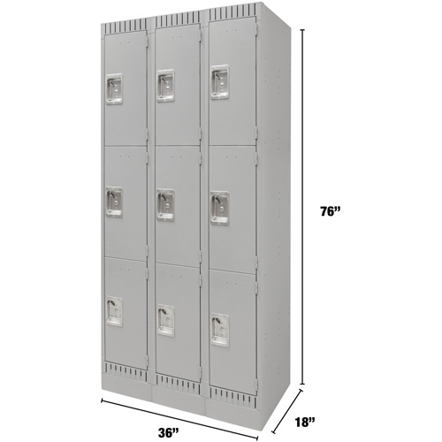Lockers, 3 -tier, Bank of 3, 36" x 18" x 76", Steel, Grey, Knocked Down M & M Nord Ouest Inc