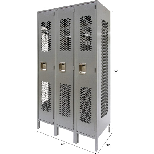 Vented Lockers, Bank of 3, 36" x 18" x 78", Steel, Grey, Knocked Down, Perforated M & M Nord Ouest Inc