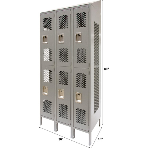 Vented Lockers, 2 -tier, Bank of 3, 36 x 18" x 88", Steel, Grey, Knocked Down, Perforated M & M Nord Ouest Inc