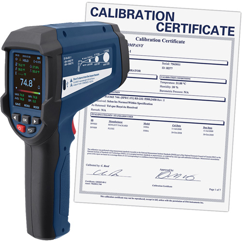 Professional Infrared Thermometer with Integrated Type K Thermocouple & Calibration Certificate, -58 - 3362°F (-50 - 1850°C), 55:1, Adjustable Emmissivity M & M Nord Ouest Inc