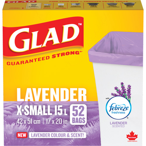 Glad&reg; Lavender Coloured & Scented Bags, Strong, 17" W x 20" L, Purple, 15 L (3.96 Gal.) Capacity M & M Nord Ouest Inc