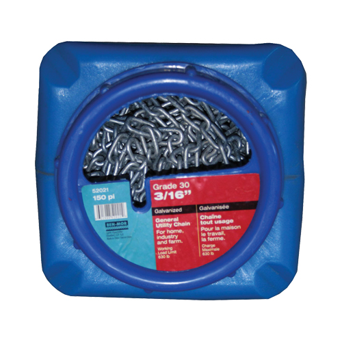Chaînes galvanis&eacute;es par immersion &agrave; chaud, Acier au carbone, 3/16" x 150' (45,7 m) l, Calibre 30, Charge d'utilisation 630 lb (0,315 tonnes) M & M Nord Ouest Inc