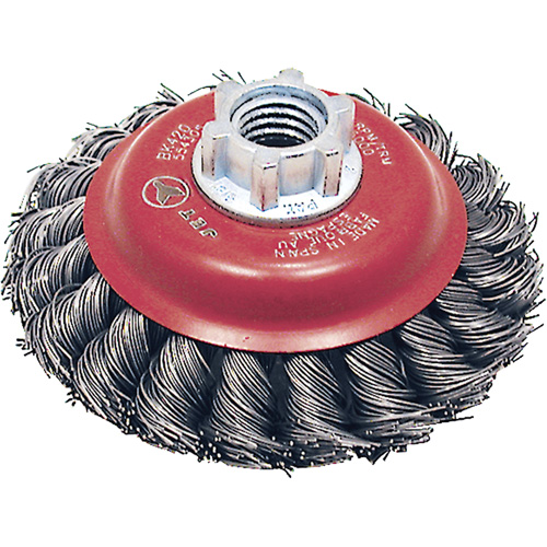 Brosse conique &agrave; fils torsad&eacute;s BK420T, Dia. 4", Fils 0,02", Arbre 5/8"-11, Acier M & M Nord Ouest Inc