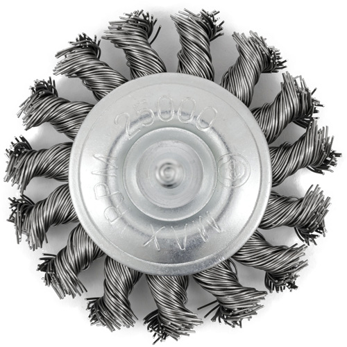 Brosse radiale &agrave; fils nou&eacute;s torsad&eacute;s mont&eacute; sur mandrin, Dia. 3", Fils 0,02", Arbre 1/4", Acier inoxydable M & M Nord Ouest Inc