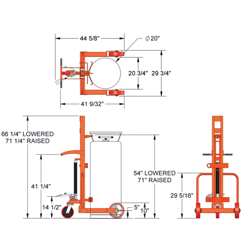 Grand chariot hydraulique HLCC pour bouteille de gaz liquide, Roues Polyur&eacute;thane, Base de 20" la x 20" p, 1000 lb M & M Nord Ouest Inc