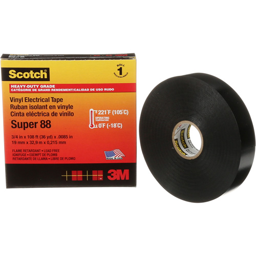 Ruban isolant Super 88 de calibre professionnel Scotch, 19 mm (3/4") la x 32,9 m (108') lo, 8,5 mils, Noir M & M Nord Ouest Inc