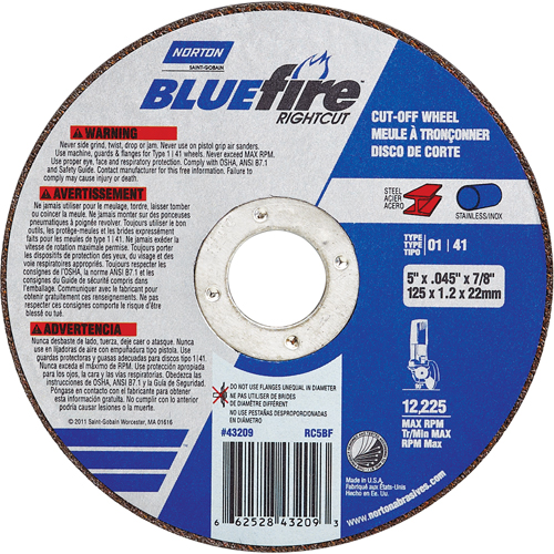 Meule a tronconner BlueFire, 4-1/2" x 0,045"/1/16", Arbre de 7/8", Type 01/41, Oxyde d'aluminium/Zirconium, 13580 Tr/min M & M Nord Ouest Inc