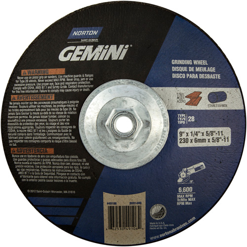 Gemini&reg; Saucer Wheel, 9" x 1/4", 5/8"-11 Arbor, Aluminum Oxide, Type 28 M & M Nord Ouest Inc