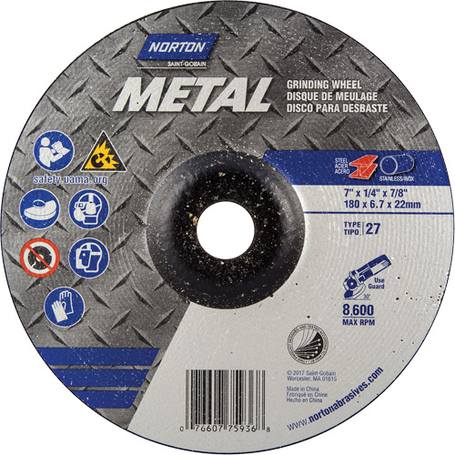 Meules &agrave; moyeu d&eacute;port&eacute; en m&eacute;tal, 7" x 1/4", Arbre 7/8", Oxyde d'aluminium, Type 27 M & M Nord Ouest Inc