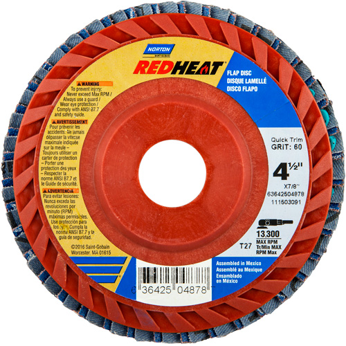 Red Heat&reg; Plastic Flat Flap Discs, 4-1/2" x 7/8", Type 27, 40 Grit, Ceramic Alumina M & M Nord Ouest Inc