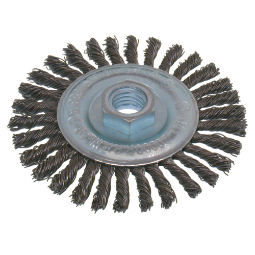 Brosses &eacute;conomiques &agrave; fil nou&eacute;s &agrave; haute vitesse pour cordons de soudure, Dia. 6", Fils 0,02", Arbre 5/8"-11, Acier inoxydable M & M Nord Ouest Inc