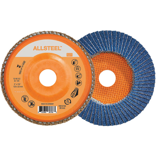 AllSteel Flap Disc, 5" x 7/8", Type 27, 120 Grit, Zirconia Alumina M & M Nord Ouest Inc