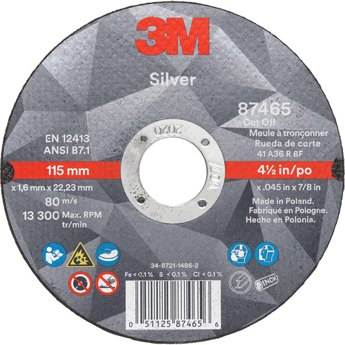 Silver Cut-Off Wheel, 4-1/2" x 0.045", 7/8" Arbor, Type 1, Ceramic, 13300 RPM M & M Nord Ouest Inc