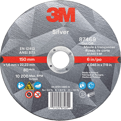 Silver Cut-Off Wheel, 6" x 0.045", 7/8" Arbor, Type 1, Ceramic, 10200 RPM M & M Nord Ouest Inc