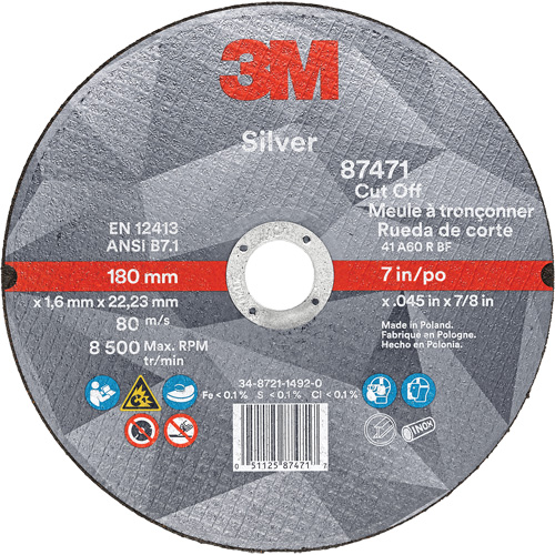Silver Cut-Off Wheel, 7" x 0.045", 7/8" Arbor, Type 1, Ceramic, 8500 RPM M & M Nord Ouest Inc