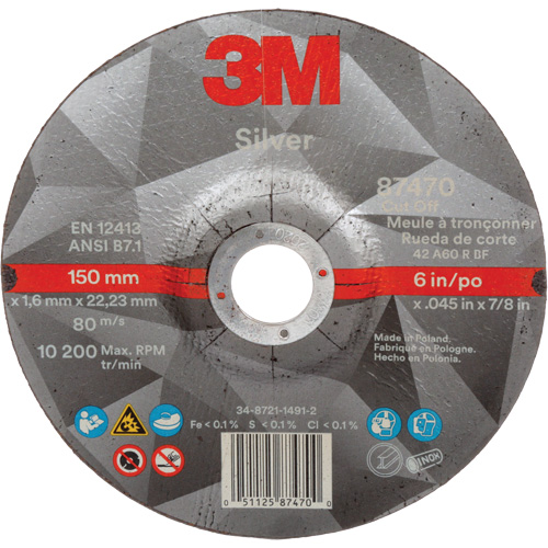 Silver Cut-Off Wheel, 6" x 0.045", 7/8" Arbor, Type 27, Ceramic, 10200 RPM M & M Nord Ouest Inc