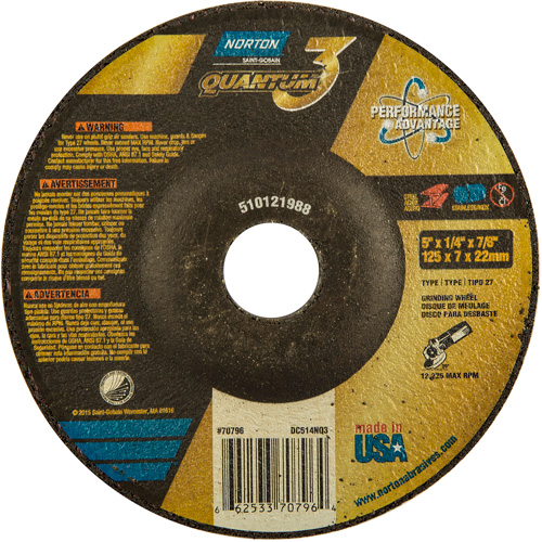 Quantum3 Grinding Wheel, 5" x 1/4", 7/8" Arbor, Ceramic, Type 27 M & M Nord Ouest Inc