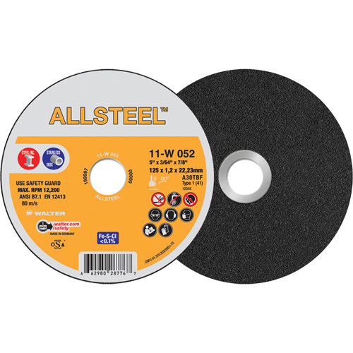 AllSteel Cut-Off Wheel, 5" x 3/64", 7/8" Arbor, Type 1, Aluminum Oxide, 12250 RPM M & M Nord Ouest Inc