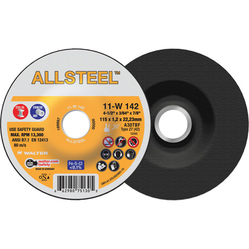 AllSteel Cut-Off Wheel, 4-1/2" x 3/64", 7/8" Arbor, Type 27, Aluminum Oxide, 13300 RPM M & M Nord Ouest Inc