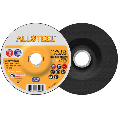AllSteel Cut-Off Wheel, 5" x 3/64", 7/8" Arbor, Type 27, Aluminum Oxide, 12250 RPM M & M Nord Ouest Inc
