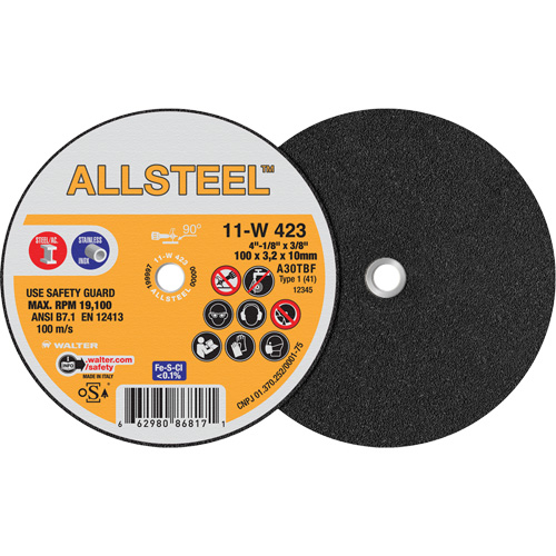 AllSteel Mini Cut-Off Wheel, 4" x 1/8", 3/8" Arbor, Type 1, Aluminum Oxide, 19100 RPM M & M Nord Ouest Inc