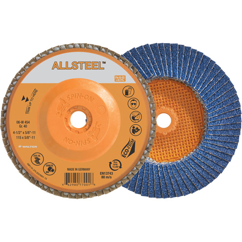 Disque &agrave; lamelles AllSteel, 4-1/2" x 5/8"-11, Type 27, Grain 40, Alumine de zirconium M & M Nord Ouest Inc