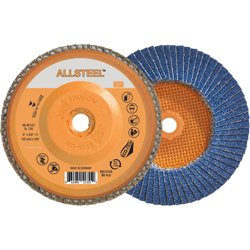 ALLSTEEL Flap Disc, 5" x 5/8"-11, Type 27, 120 Grit, Zirconia Alumina M & M Nord Ouest Inc