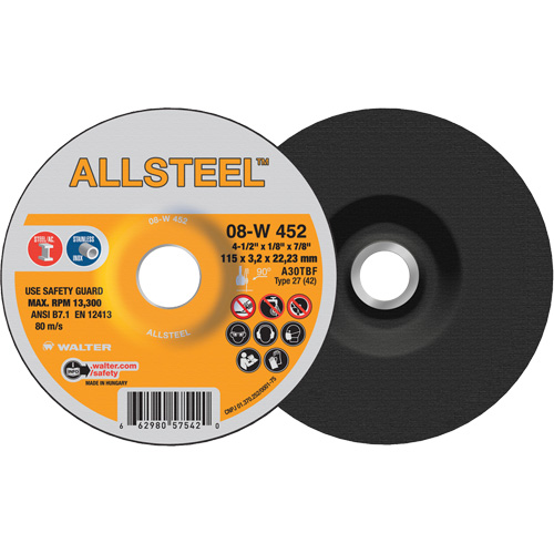Meule AllSteel, 4-1/2" x 1/8", Arbre 7/8", Oxyde d'aluminium, Type 27 M & M Nord Ouest Inc