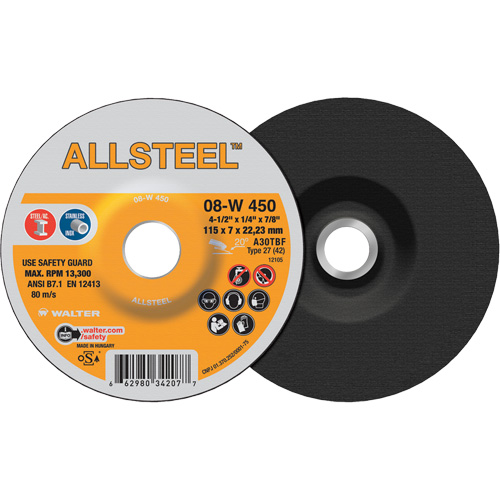 AllSteel Grinding Wheel, 4-1/2" x 1/4", 7/8" Arbor, Aluminum Oxide, Type 27 M & M Nord Ouest Inc